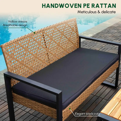 Wicker Patio Furniture, Set of 4, Acacia Wood Table, 2 Rattan Chairs, 1 Loveseat