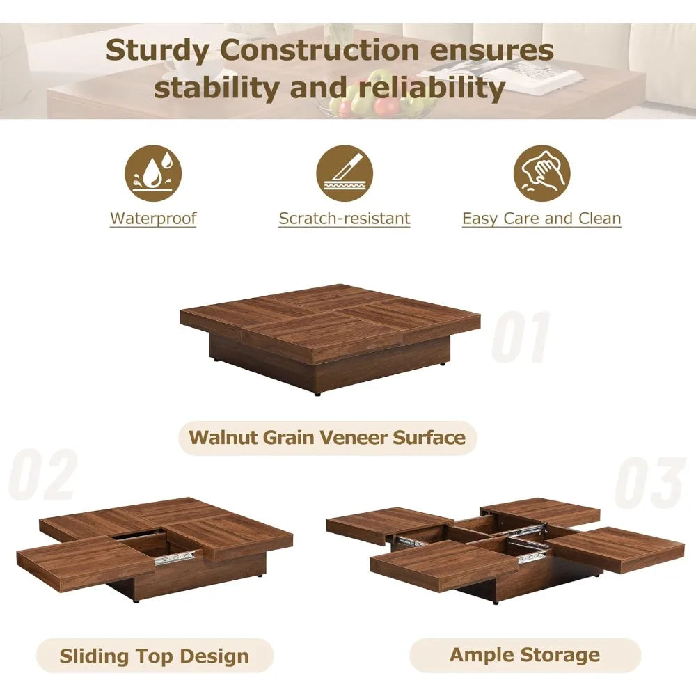 Square Marble Veneer Coffee Table with Sliding Top