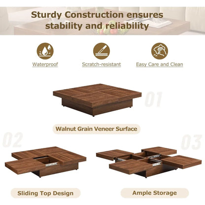 Square Marble Veneer Coffee Table with Sliding Top