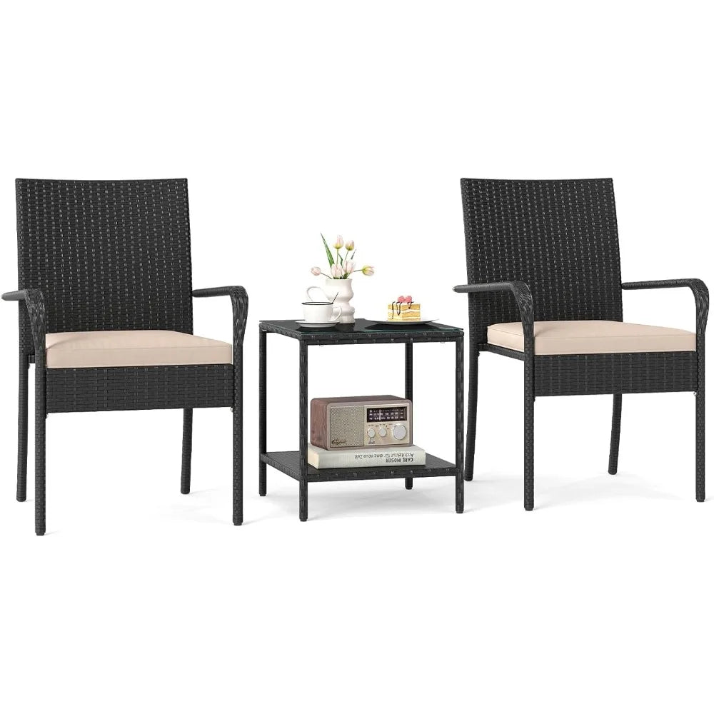 3 Pieces Patio Furniture Set, Cushioned Chairs with 2-Tier Tempered Glass Tabletop