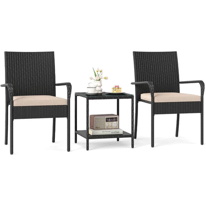 3 Pieces Patio Furniture Set, Cushioned Chairs with 2-Tier Tempered Glass Tabletop