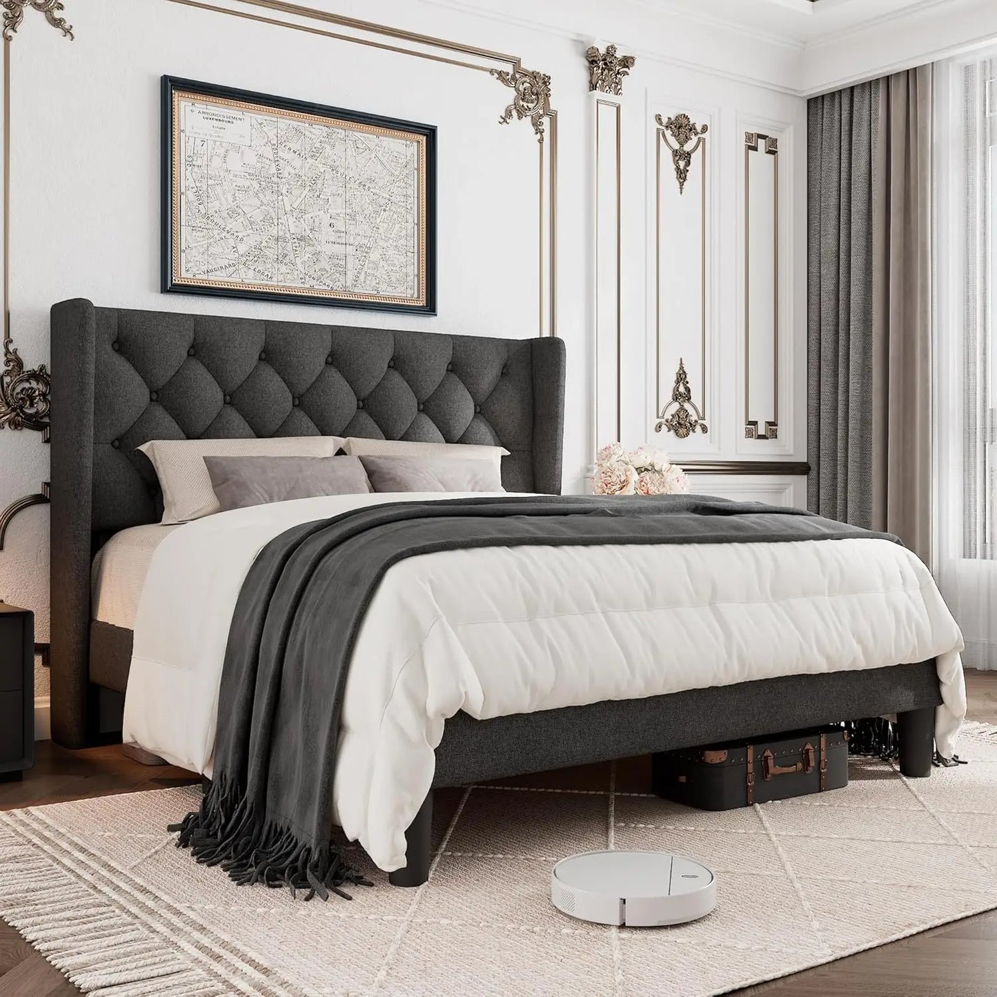 Queen Size Bed Frame with Button Tufted Upholstered Headboard