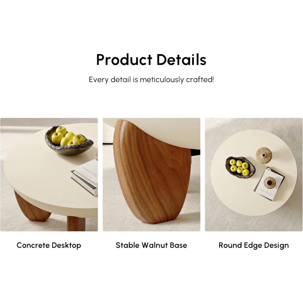 Round Concrete Coffee Table with Premium Walnut Ash Wood Legs