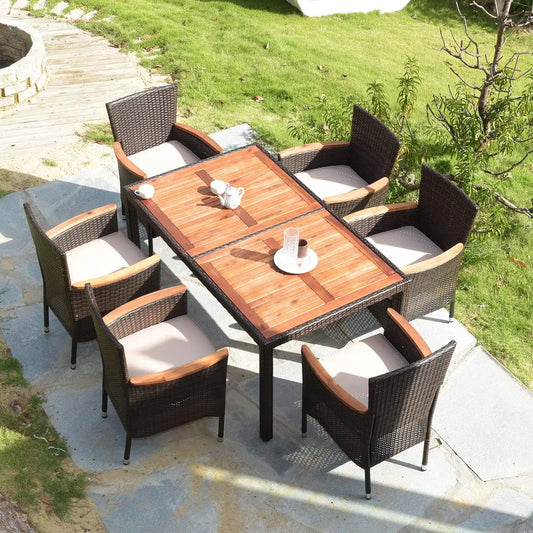7 PCS Outdoor Patio, Garden Dining Set w/Acacia Wood Table Top