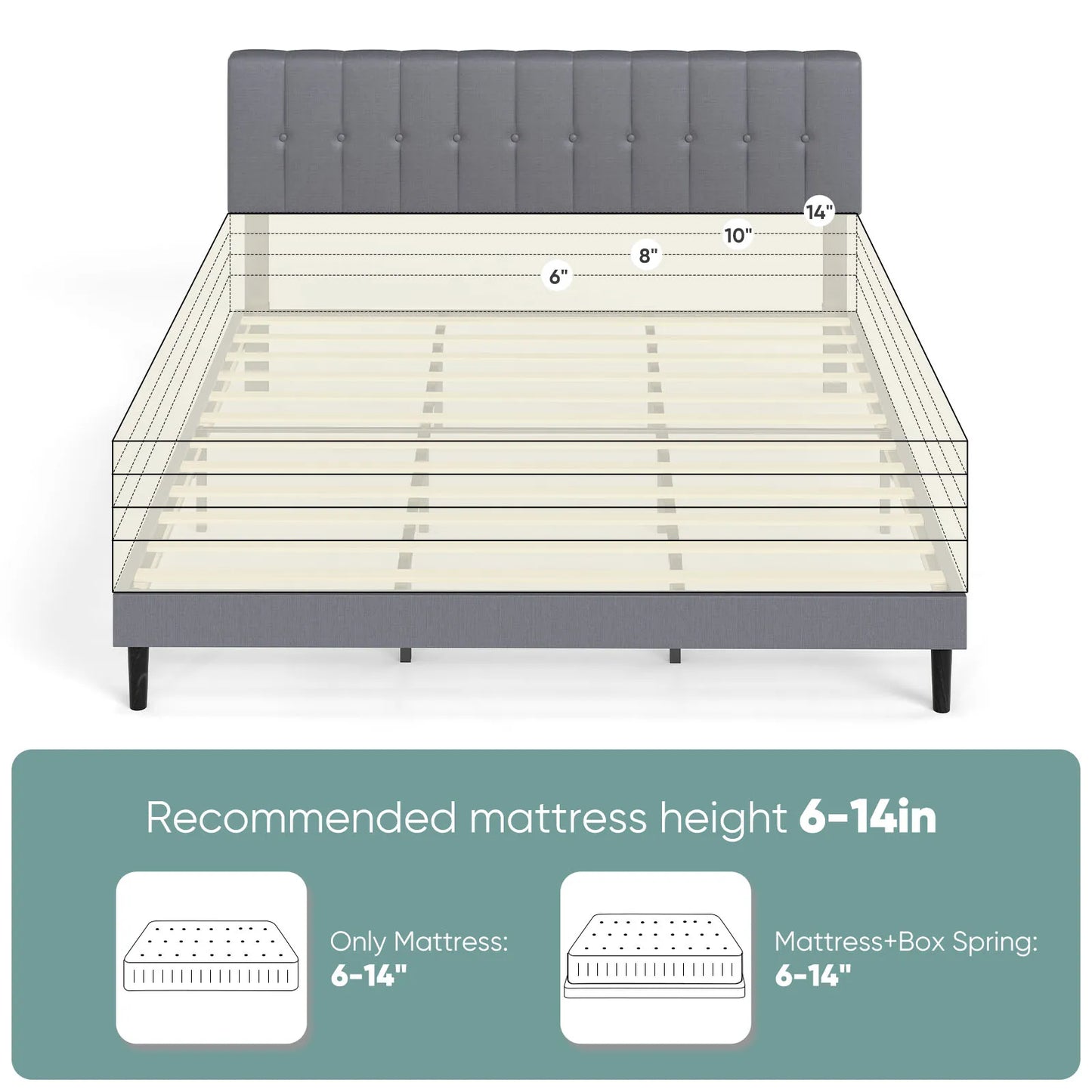 Wooden Solid Bed Frame with Fabric Upholstered
