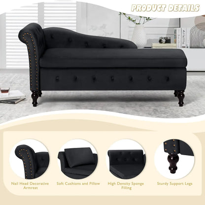 Velvet Chaise Lounge with Left Armrest, Lumbar Pillow Modern