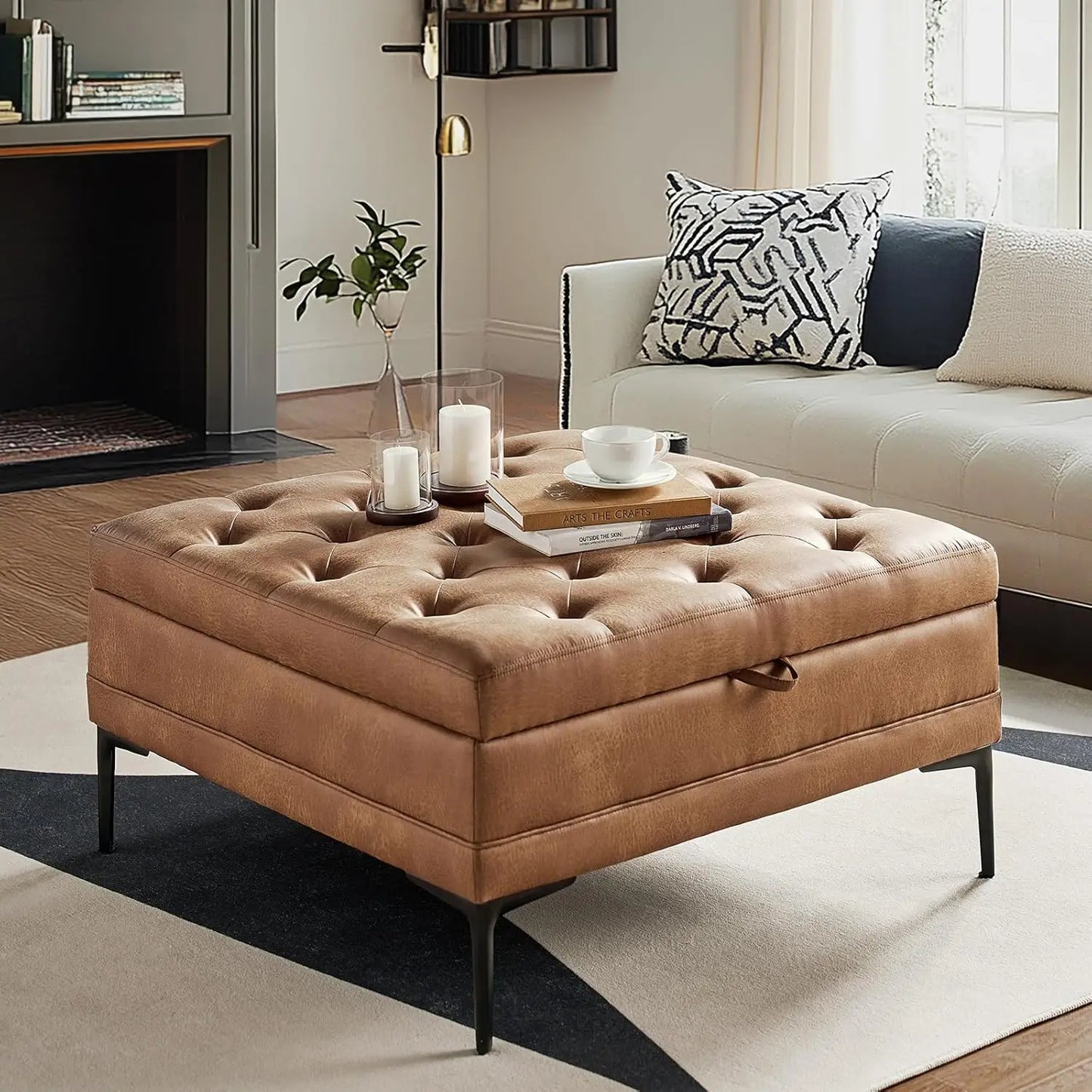 Faux Leather Coffee Table, 36.5" Square Storage Ottoman