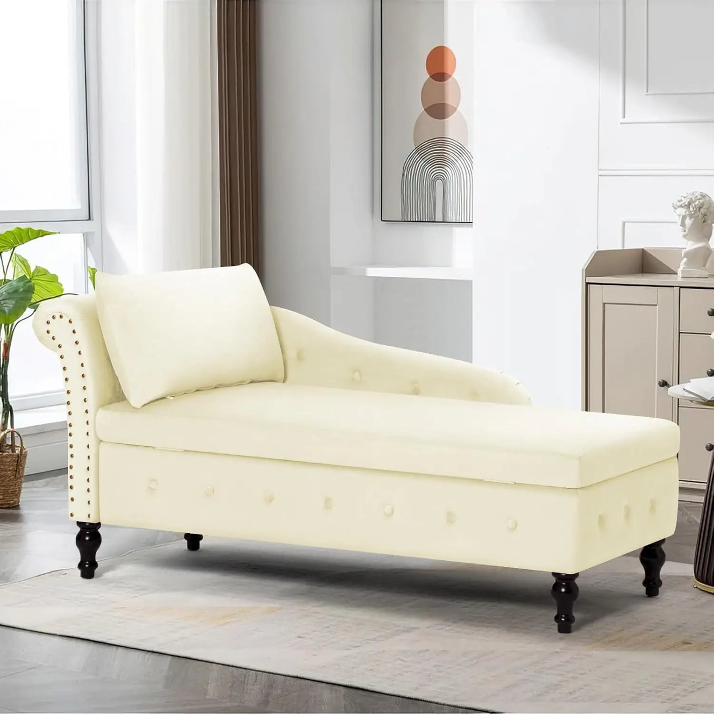 Velvet Chaise Lounge with Left Armrest, Lumbar Pillow Modern