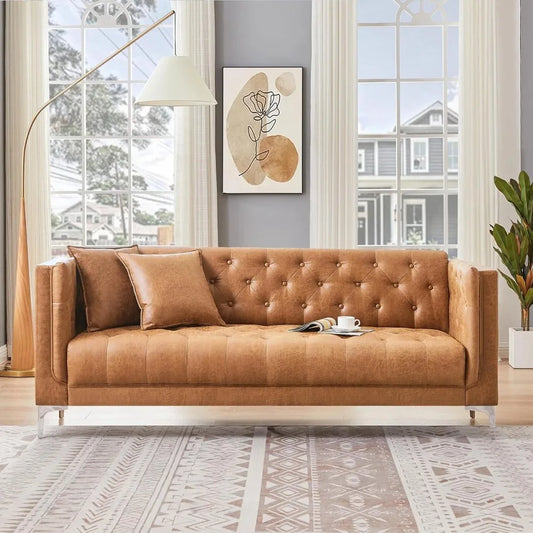 79" W Brown Faux Leather Sofa Couch with 2 Pillows