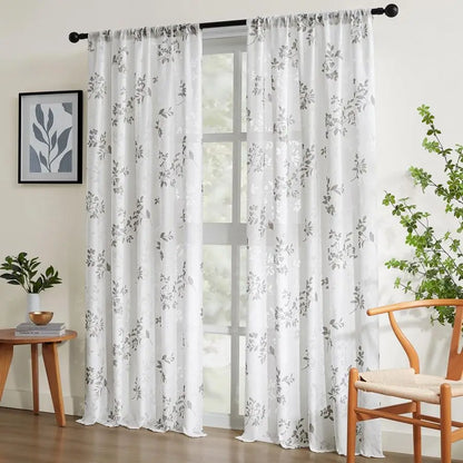 Semi Sheer Curtains, White and Grey Printed Leaves Floral