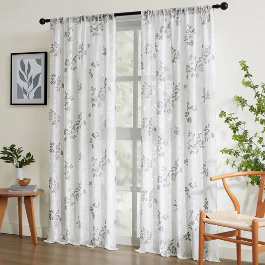 Semi Sheer Curtains, White and Grey Printed Leaves Floral