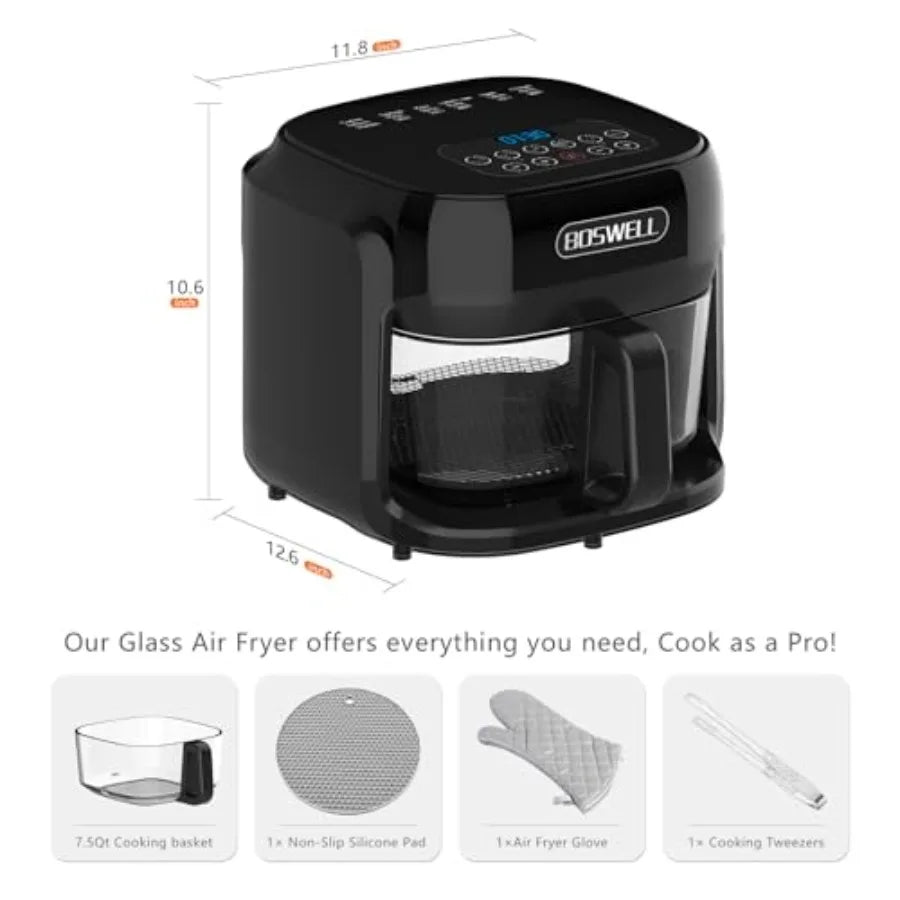 7.5QT Glass Air Fryer with Transparent Fry Bowl