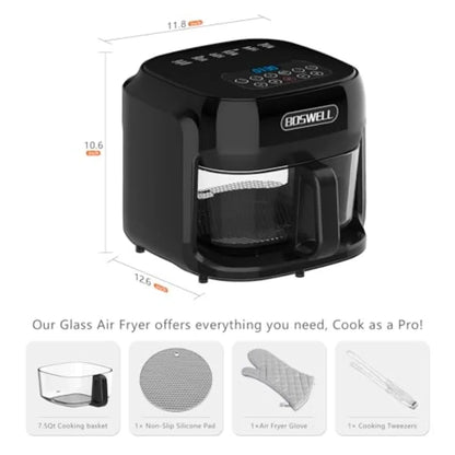 7.5QT Glass Air Fryer with Transparent Fry Bowl