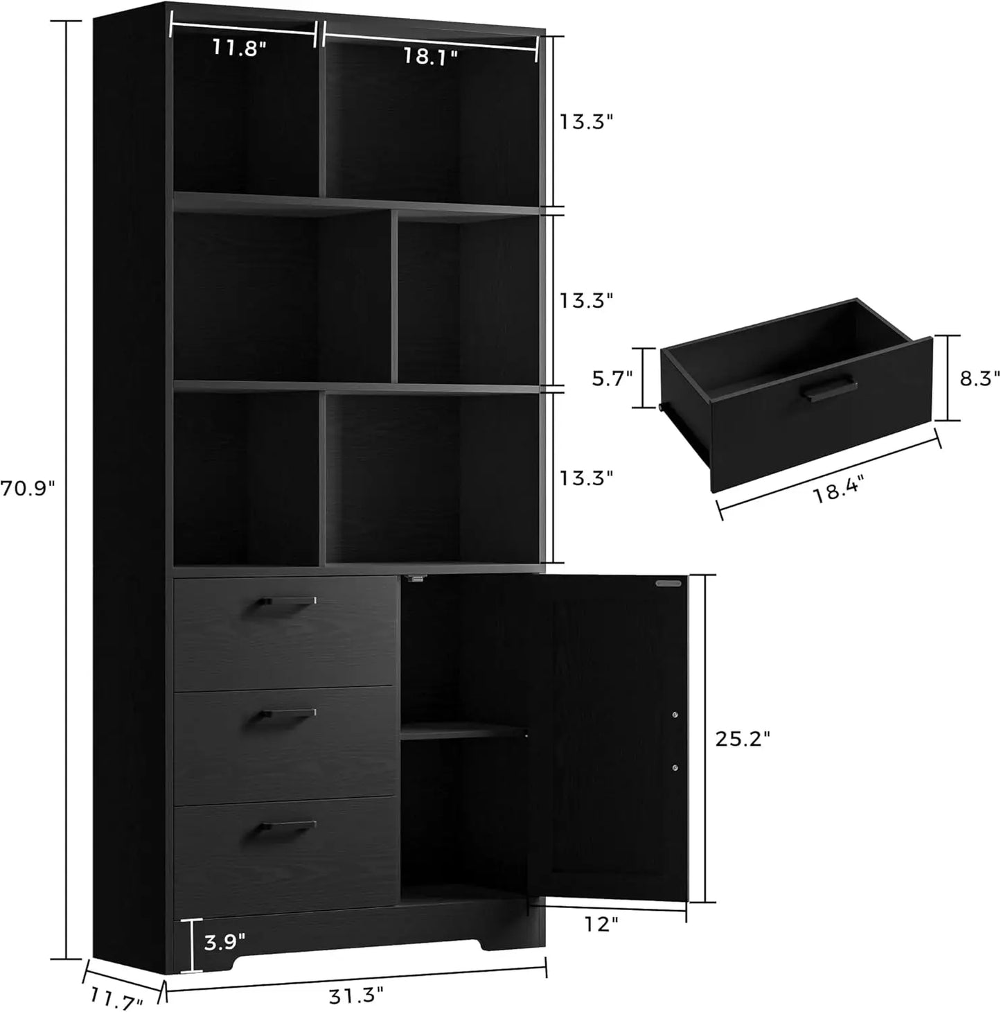 70.9 inch Tall Bookcase with Drawers & Doors, Cube Bookshelves