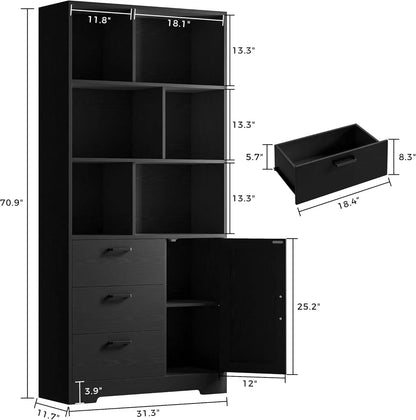 70.9 inch Tall Bookcase with Drawers & Doors, Cube Bookshelves