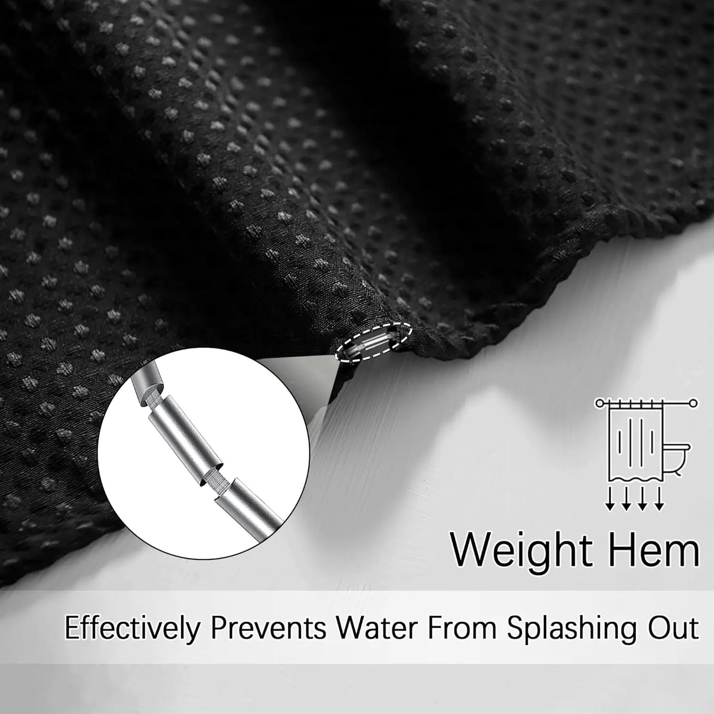 Black Waffle Shower Curtain 256GSM Heavy Duty Fabric Bathroom Curtain with 12 Hooks, 72x72