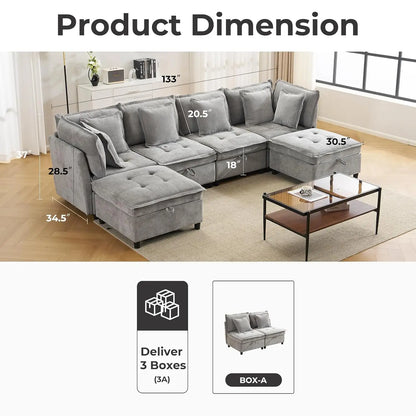 133' U-Shaped Modern Sofa Oversized L-Shaped Sectional