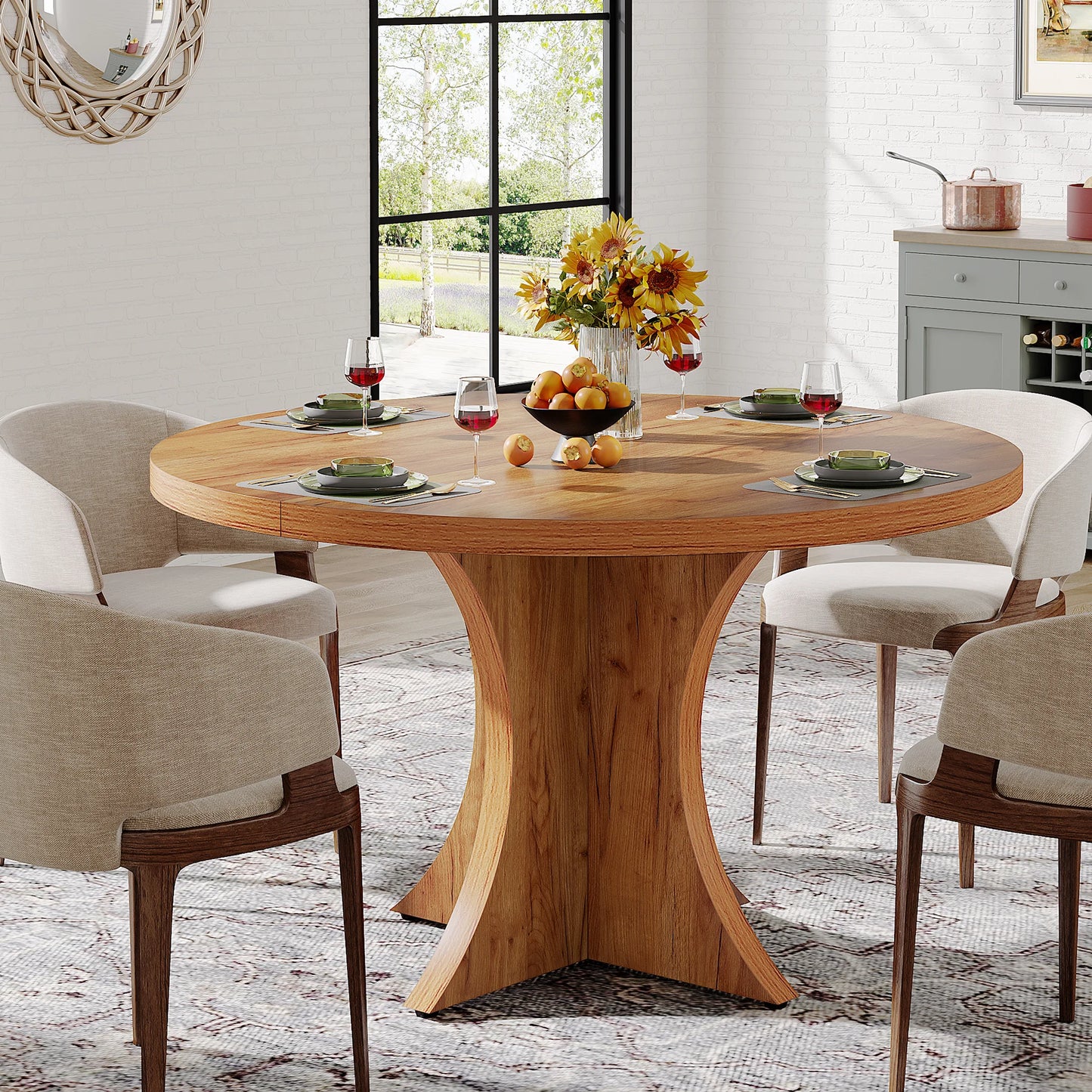 Round Dining Table for 4-6, 47.24-Inch Farmhouse Kitchen Table