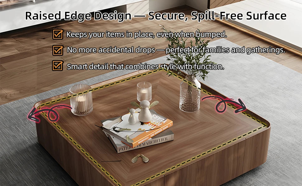 35.43" Luxury Walnut Wood Square Coffee Table, 
 Storage