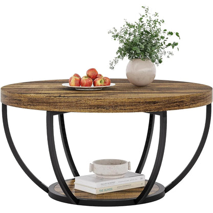 32" Circle Marble Coffee Tables, 2-Tier Golden Metal Legs Accent