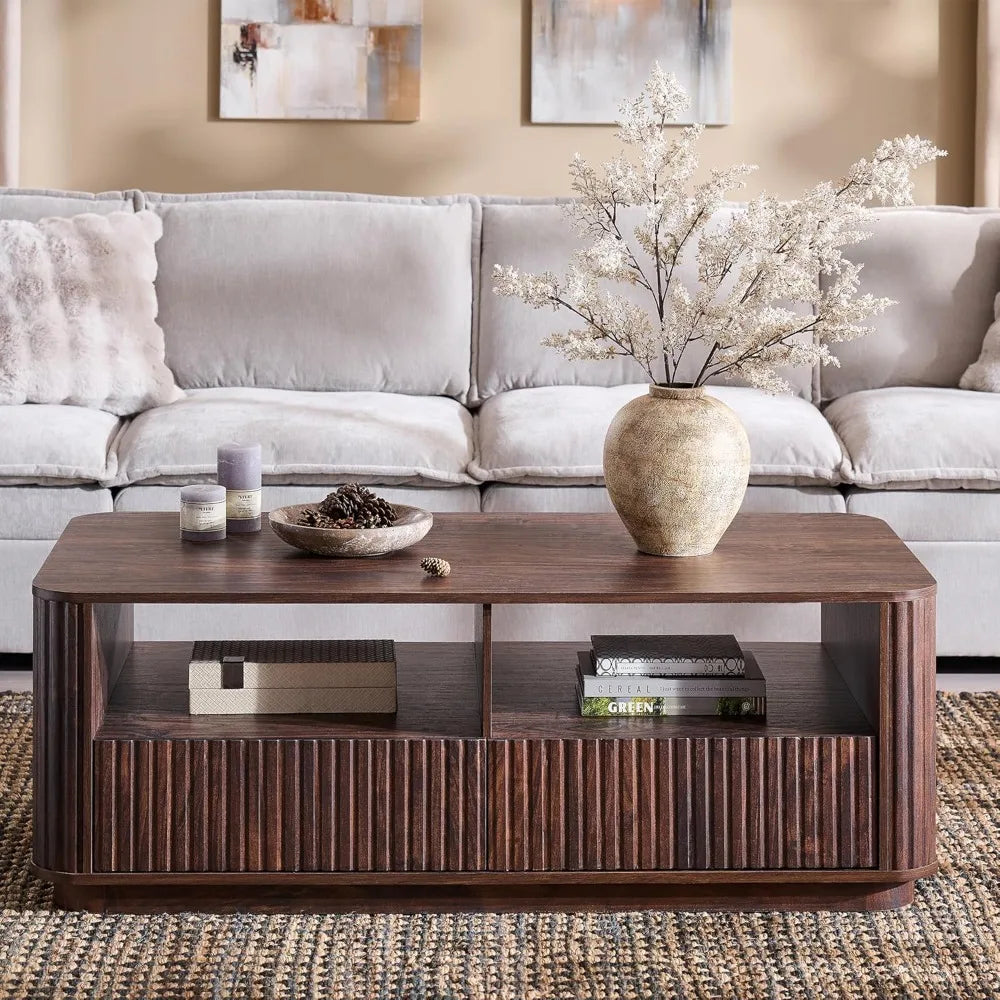 51" Modern Fluted Coffee Table with Storage, 2 Drawers