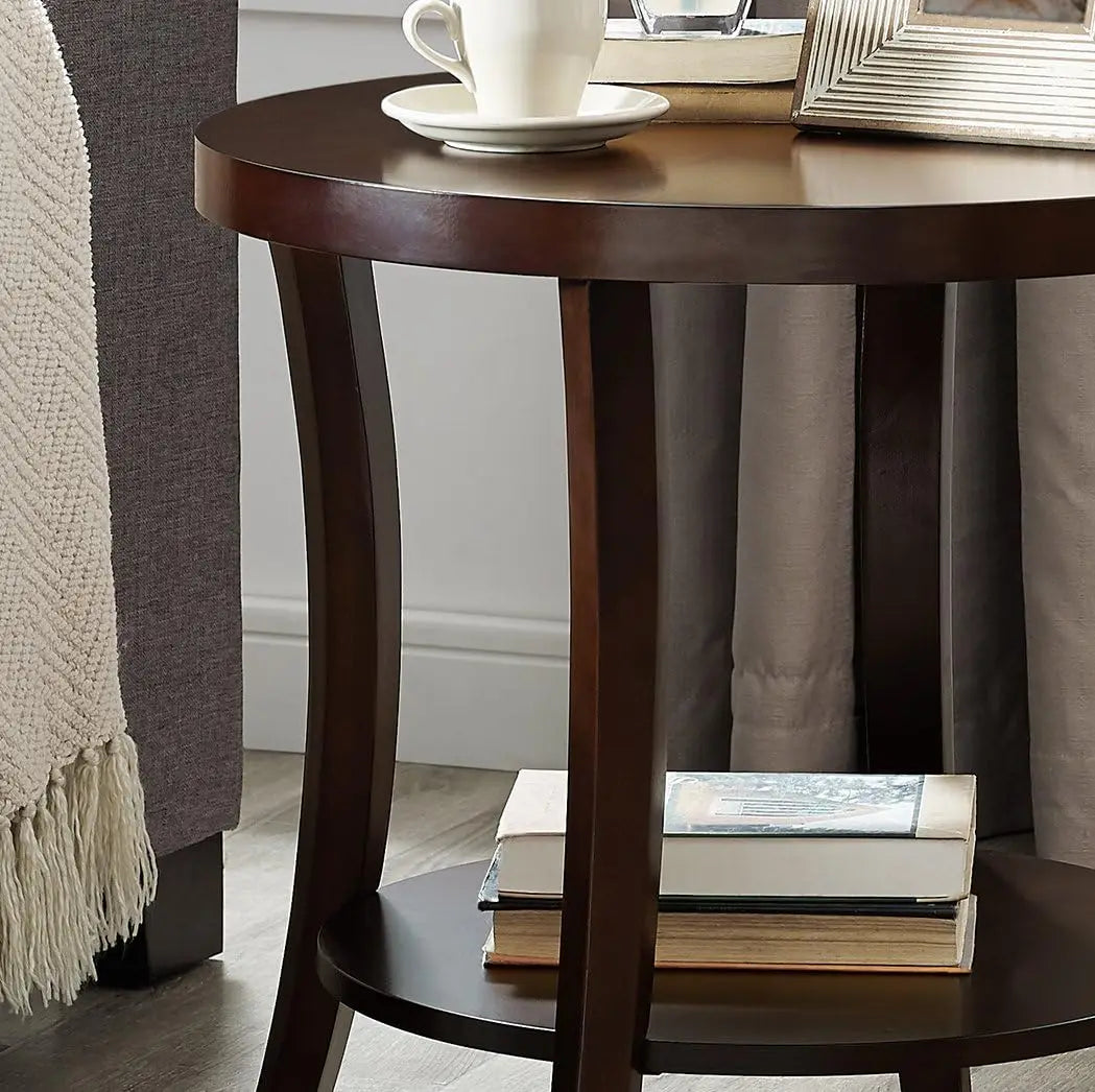 Contemporary Round End Table with Shelf, Espresso