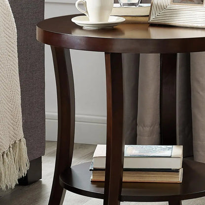 Contemporary Round End Table with Shelf, Espresso