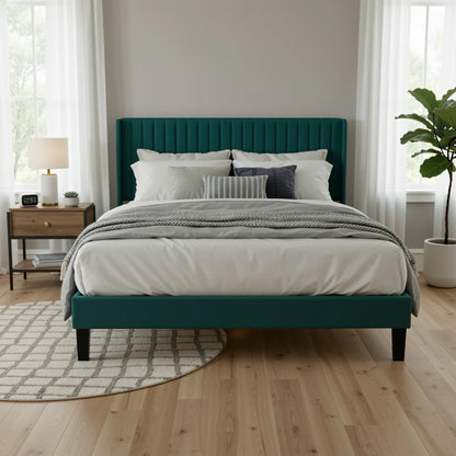 Velvet Upholstered Bed Frame with Vertical Channel Tufted Wingback Headboard