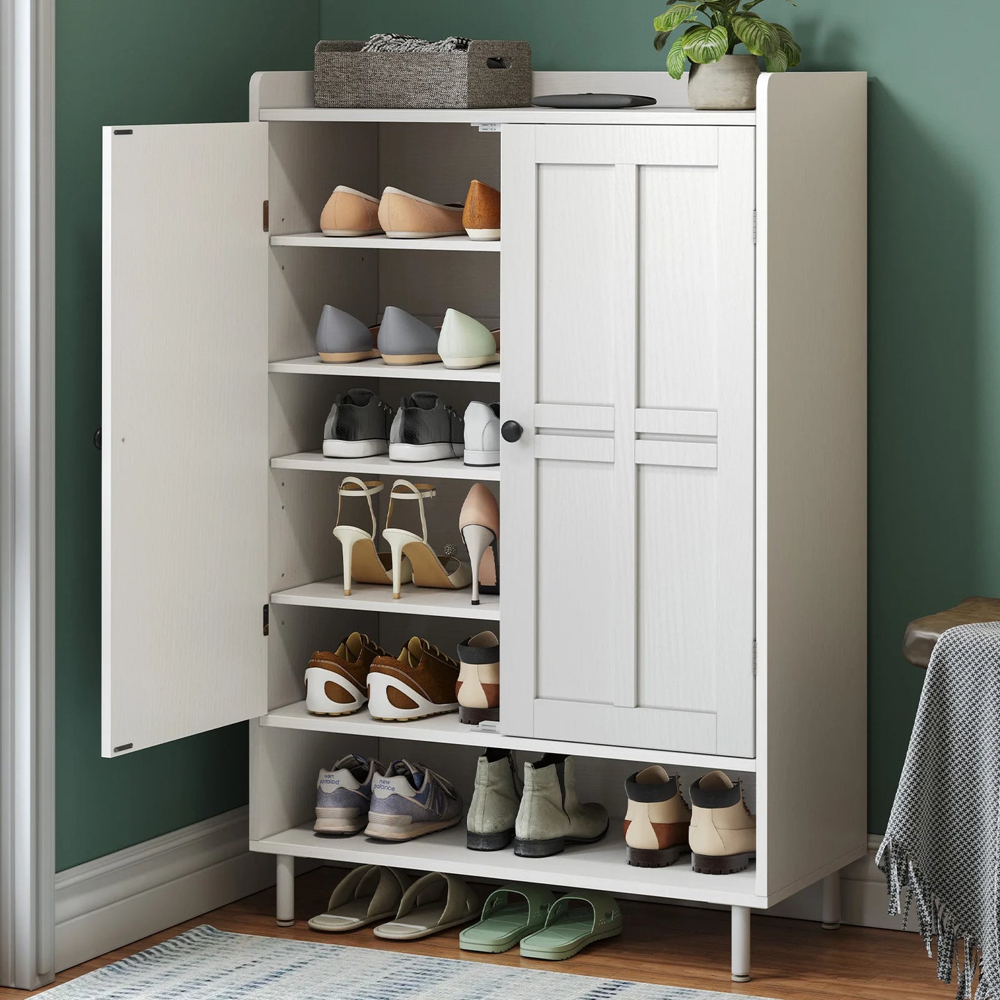 45'' Shoe Cabinet Storage for Entryway, 6-Tier Farmhouse Shoe Storage Cabinet with Cross Molding Doors and 3 Adjustable Shelves