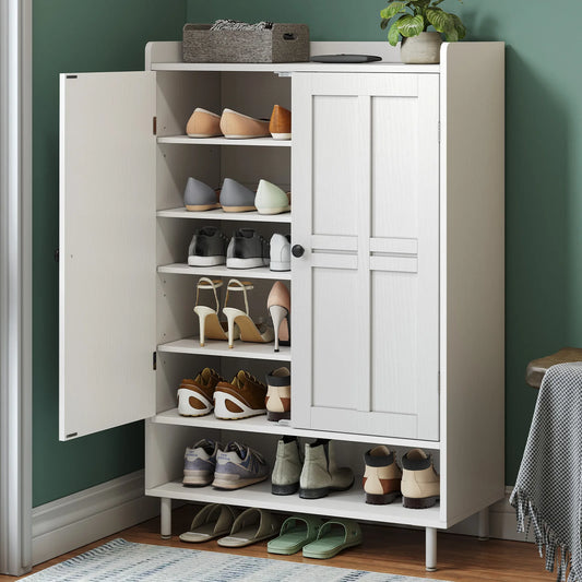 45'' Shoe Cabinet Storage for Entryway, 6-Tier Farmhouse Shoe Storage Cabinet with Cross Molding Doors and 3 Adjustable Shelves