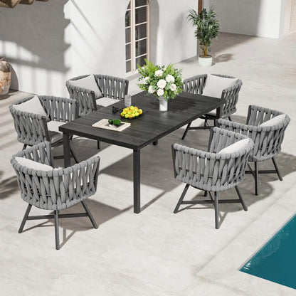 7-Piece Outdoor Patio Furniture Set, 6 Swivel  Wicker Chairs & Faux Woodgrain Table
