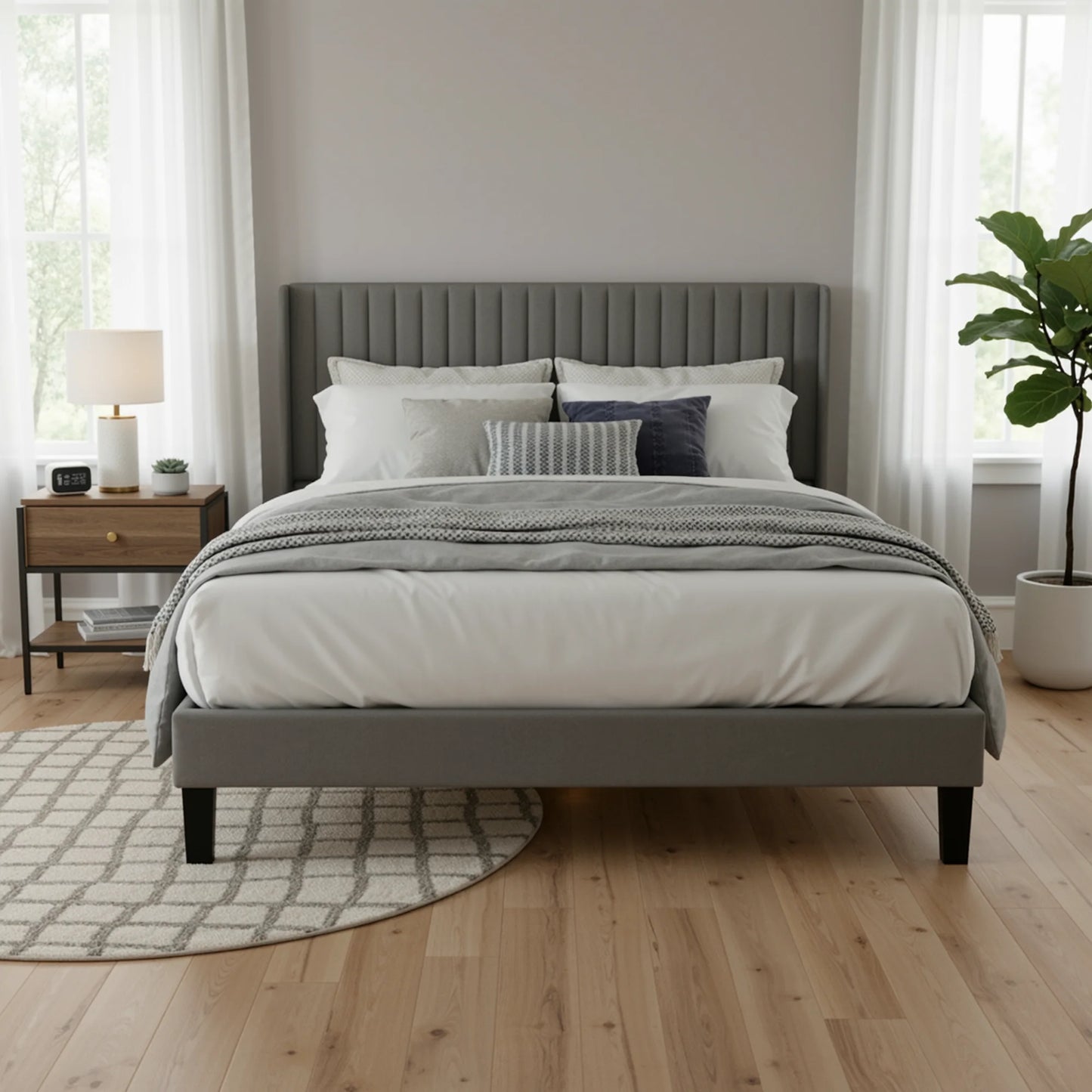 Velvet Upholstered Bed Frame with Vertical Channel Tufted Wingback Headboard