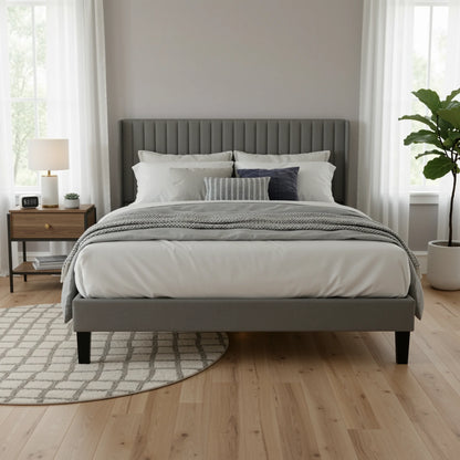 Velvet Upholstered Bed Frame with Vertical Channel Tufted Wingback Headboard