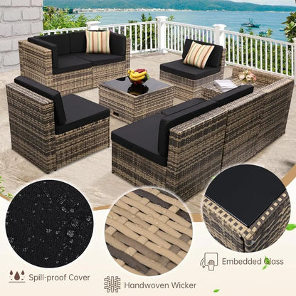 8 Piece Outdoor Wicker Patio Furniture Sectional Set, Glass Top Table