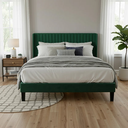 Velvet Upholstered Bed Frame with Vertical Channel Tufted Wingback Headboard