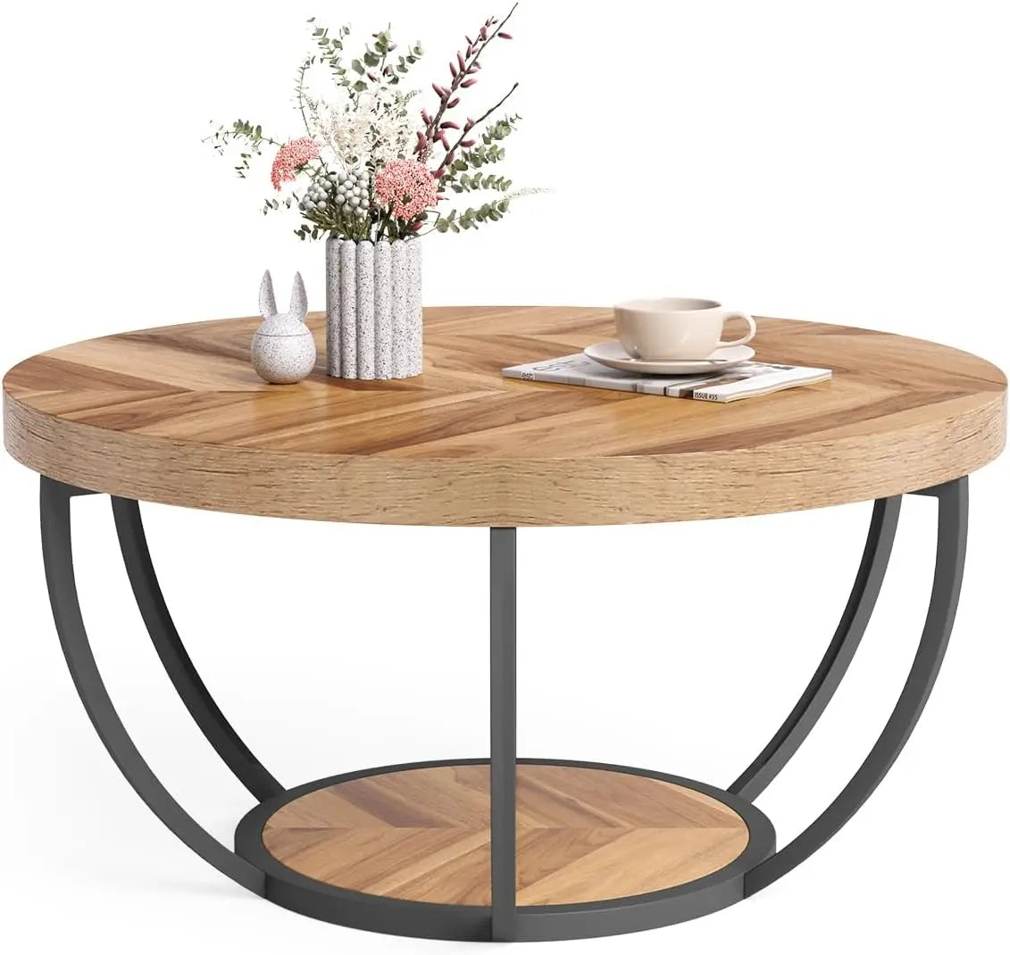 32" Circle Marble Coffee Tables, 2-Tier Golden Metal Legs Accent