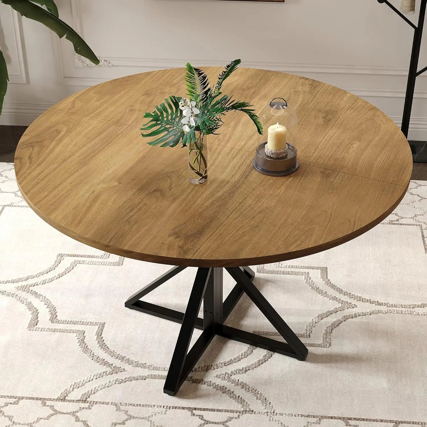 47" Round Dining Table for 4, Wood Top, Metal Pedestal