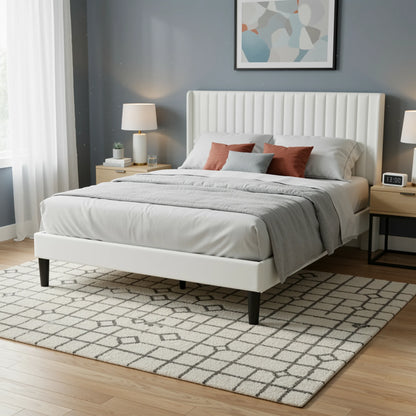 Velvet Upholstered Bed Frame with Vertical Channel Tufted Wingback Headboard