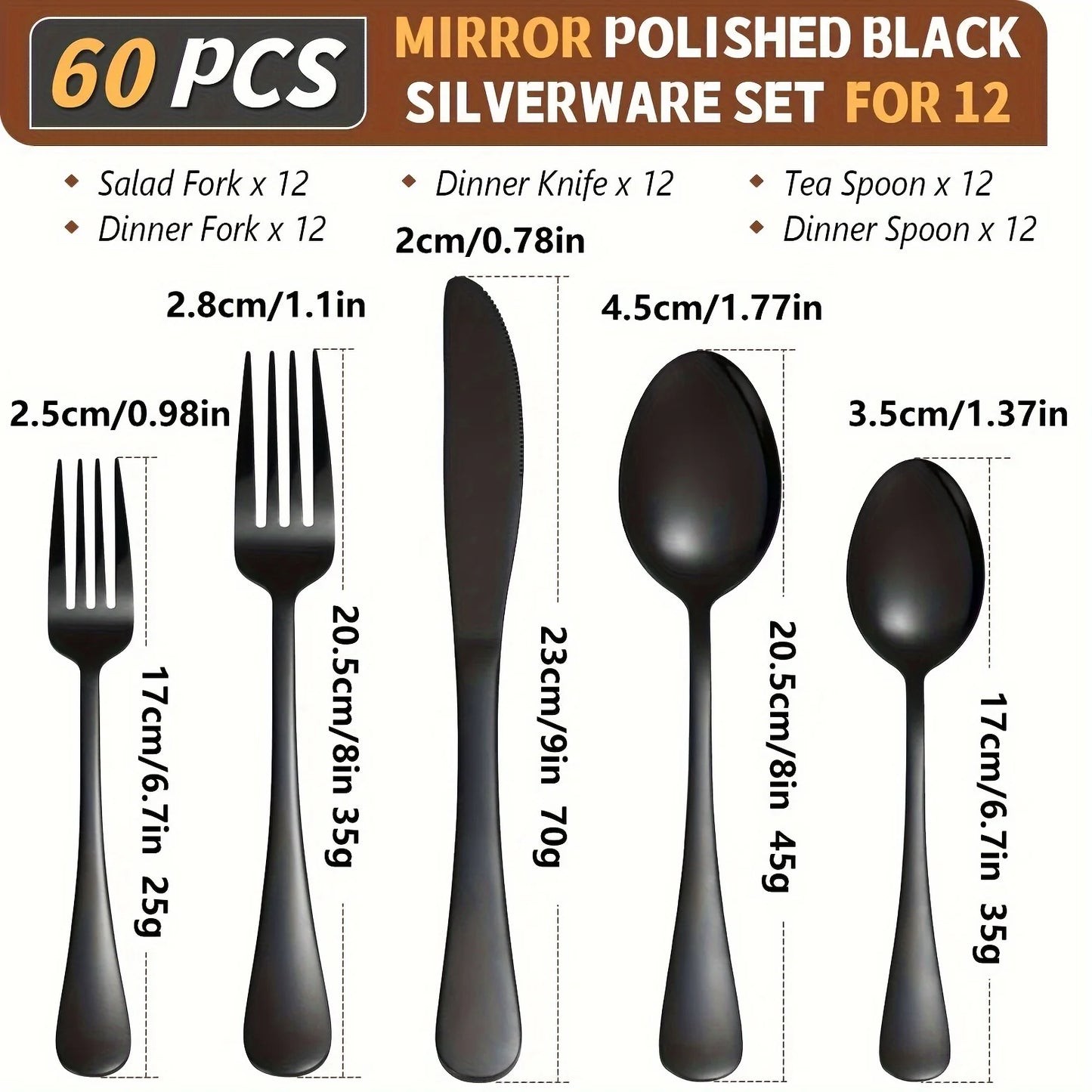 60pcs, Black Silverware Mirror Polished Cutlery Set