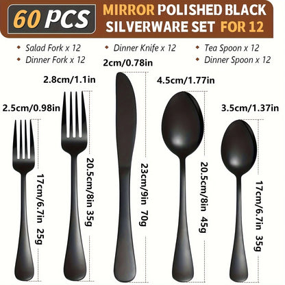 60pcs, Black Silverware Mirror Polished Cutlery Set