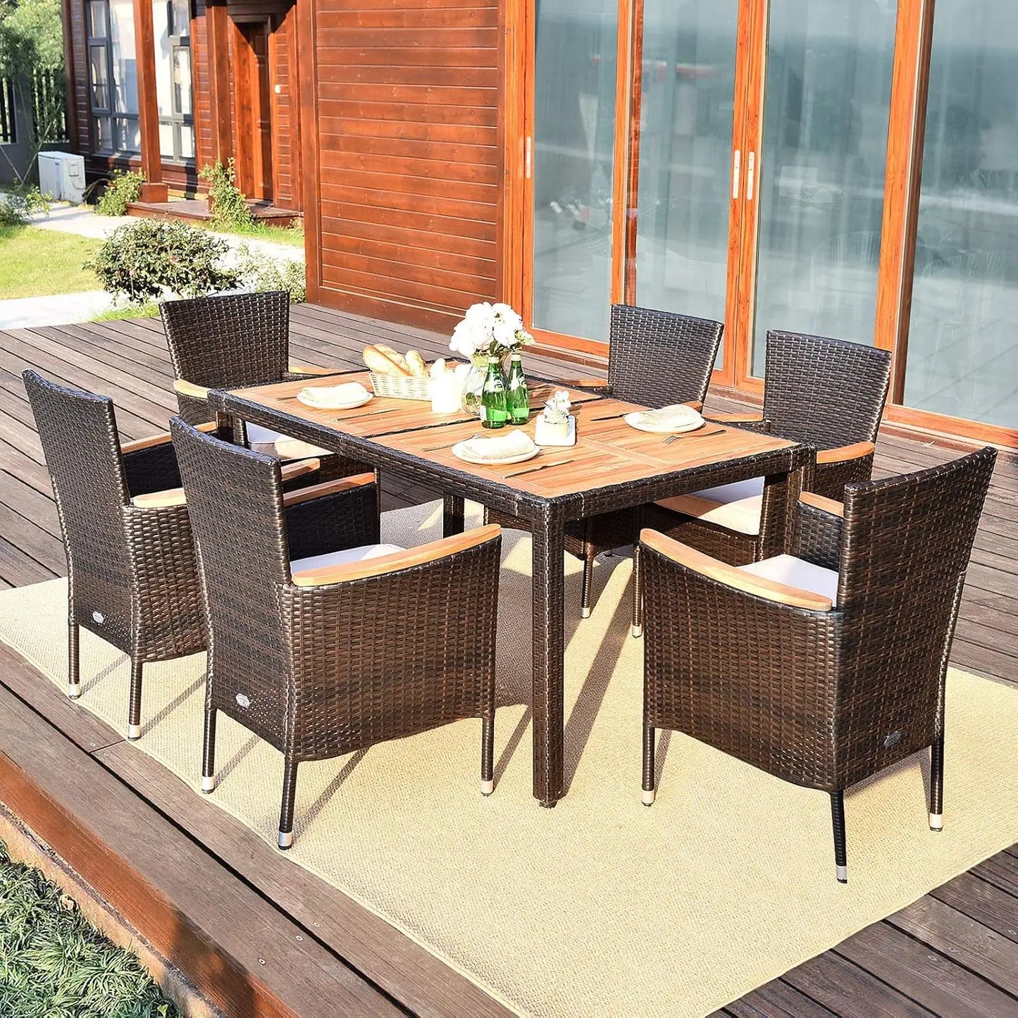 7 PCS Outdoor Patio, Garden Dining Set w/Acacia Wood Table Top