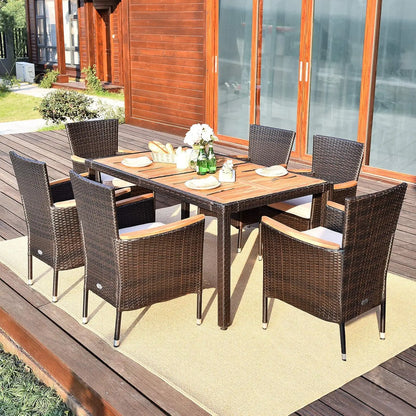 7 PCS Outdoor Patio, Garden Dining Set w/Acacia Wood Table Top