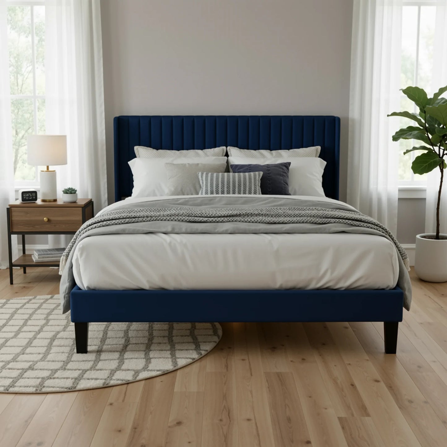 Velvet Upholstered Bed Frame with Vertical Channel Tufted Wingback Headboard