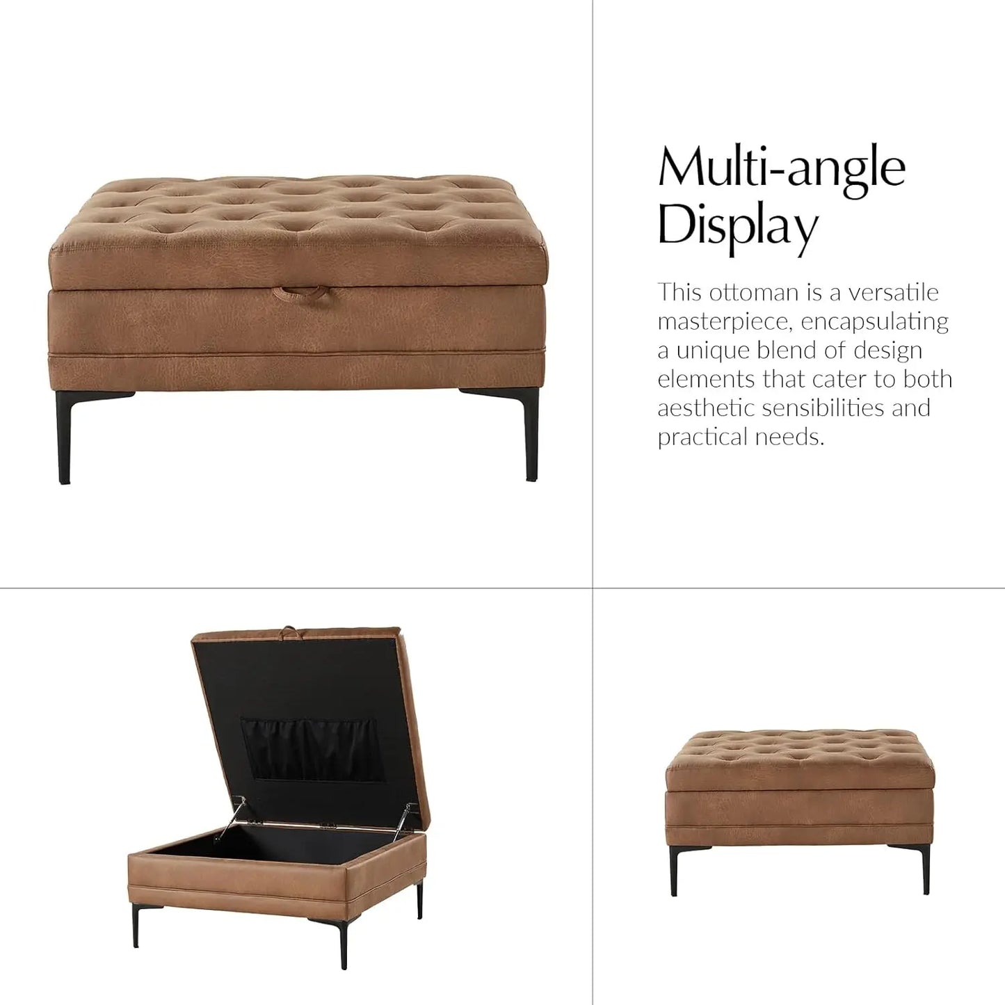 Faux Leather Coffee Table, 36.5" Square Storage Ottoman
