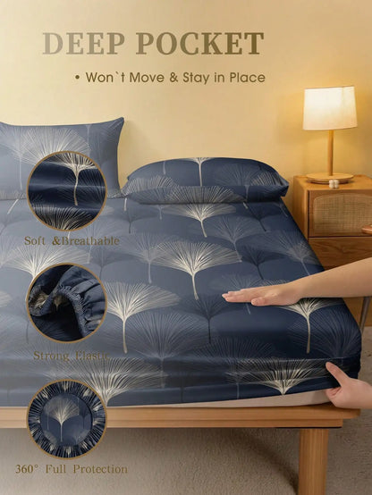 Navy Blue Ginkgo Leaf Print Fitted Sheet Set
