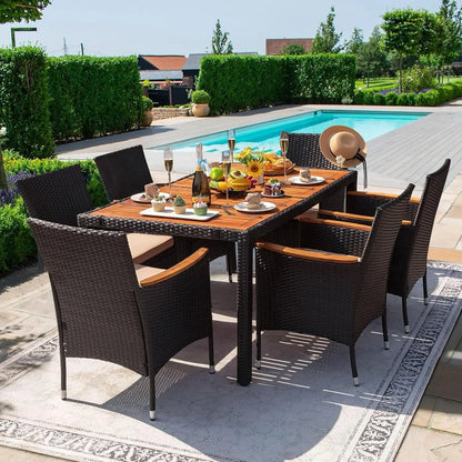 7 PCS Patio Furniture Set with Acacia Wood Table Top