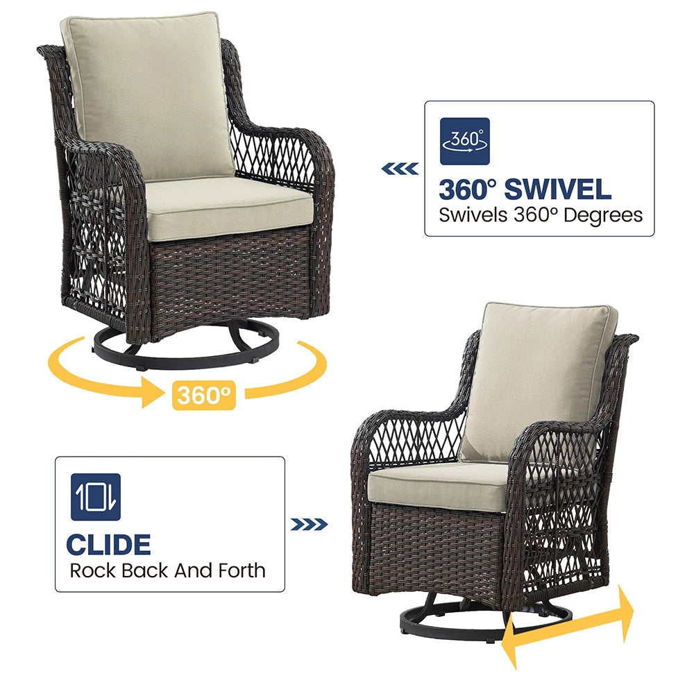 3-Piece Wicker Swivel Rocking Patio Set, 2 Chairs & Glass Table,