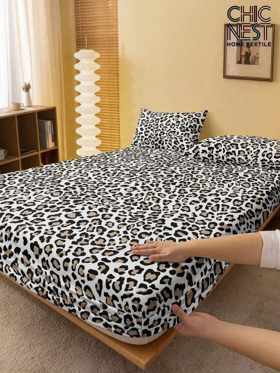 Navy Blue Ginkgo Leaf Print Fitted Sheet Set