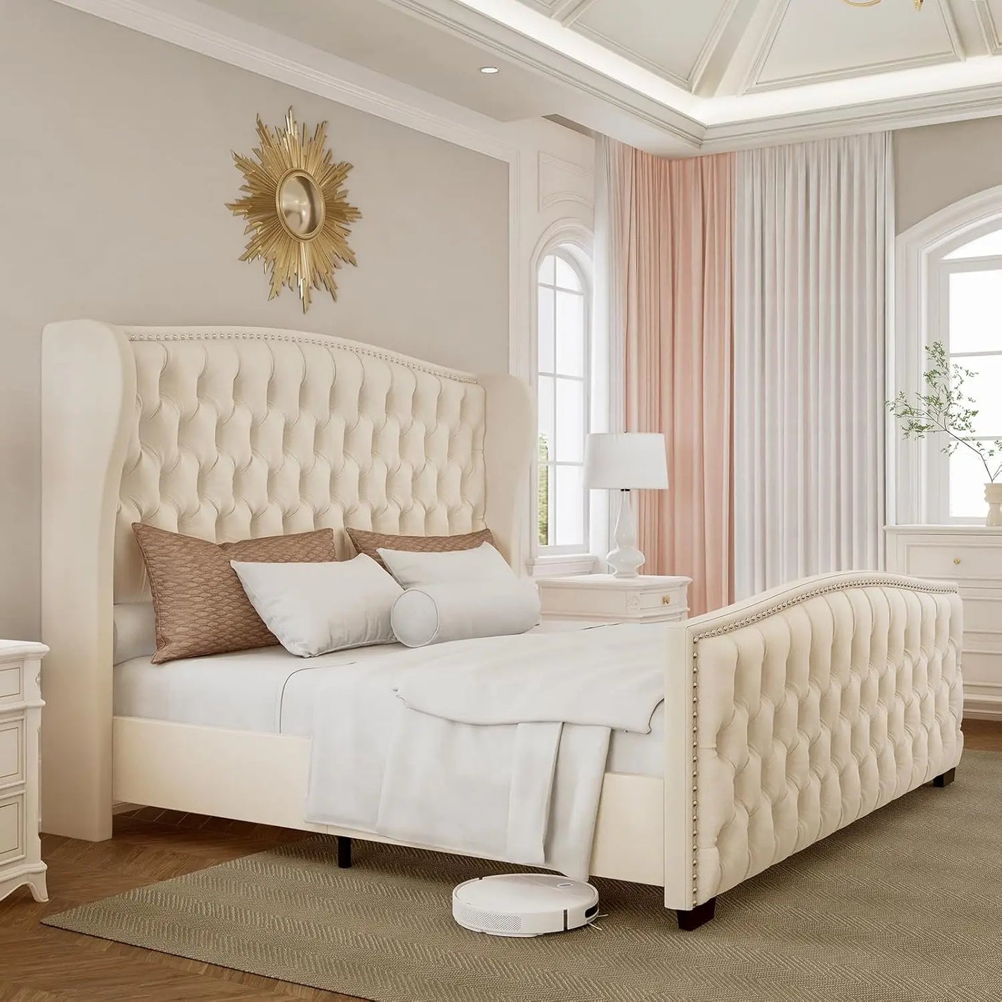 Wingback Platform Bed Frame with Tufted Headboard