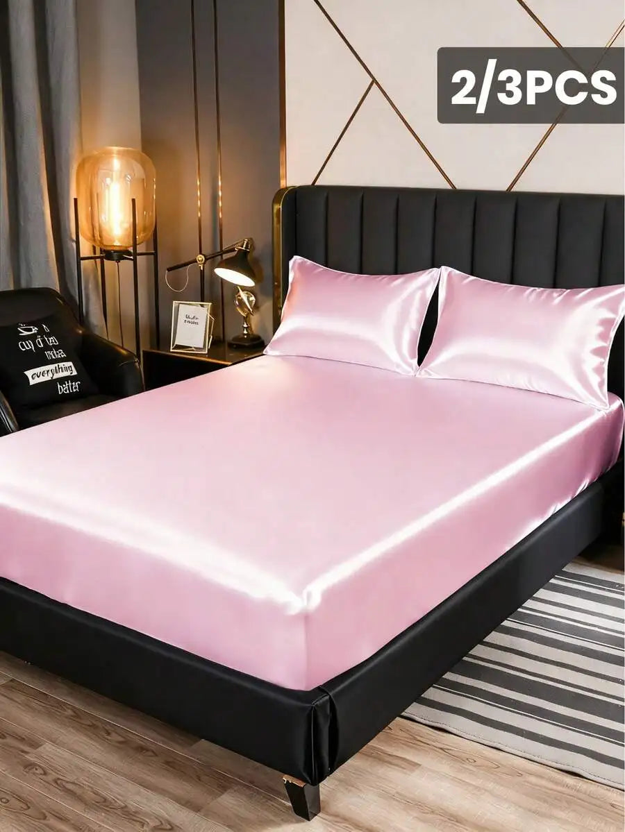 2/3pcs Satin Fitted Sheet Set with Pillowcases, Solid Color
